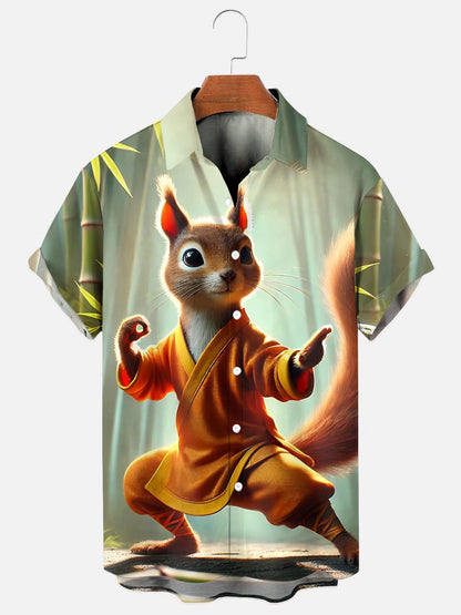 Men's Kung Fu Squirrel Printed Casual Short Sleeve Shirt