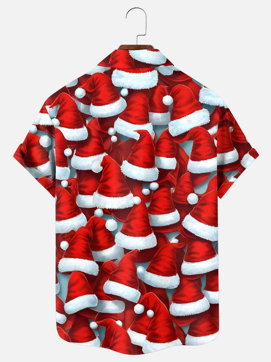 Men's Christmas Hat Print Holiday Short Sleeve Shirt