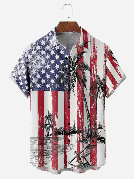 Men's American Flag Coconut Tree Beach Print Holiday Short Sleeve Shirt