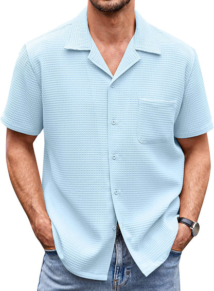 Men's Cuban Collar Pocket Waffle Basic Simple Everyday Casual Shirt