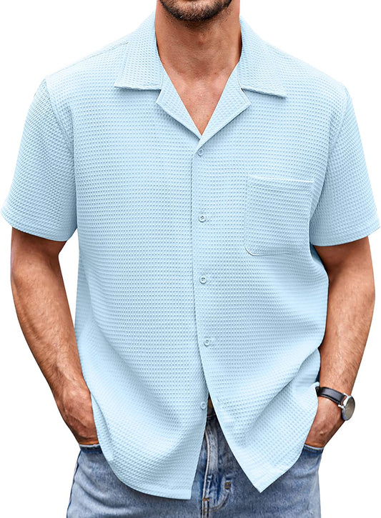 Men's Cuban Collar Pocket Waffle Basic Simple Everyday Casual Shirt