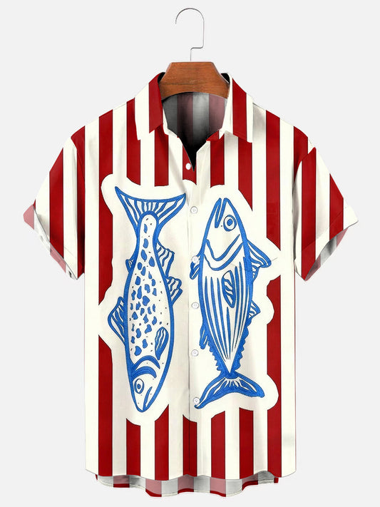 Men's Vintage Striped Fish Print Hawaiian Short Sleeve Pocket Shirt