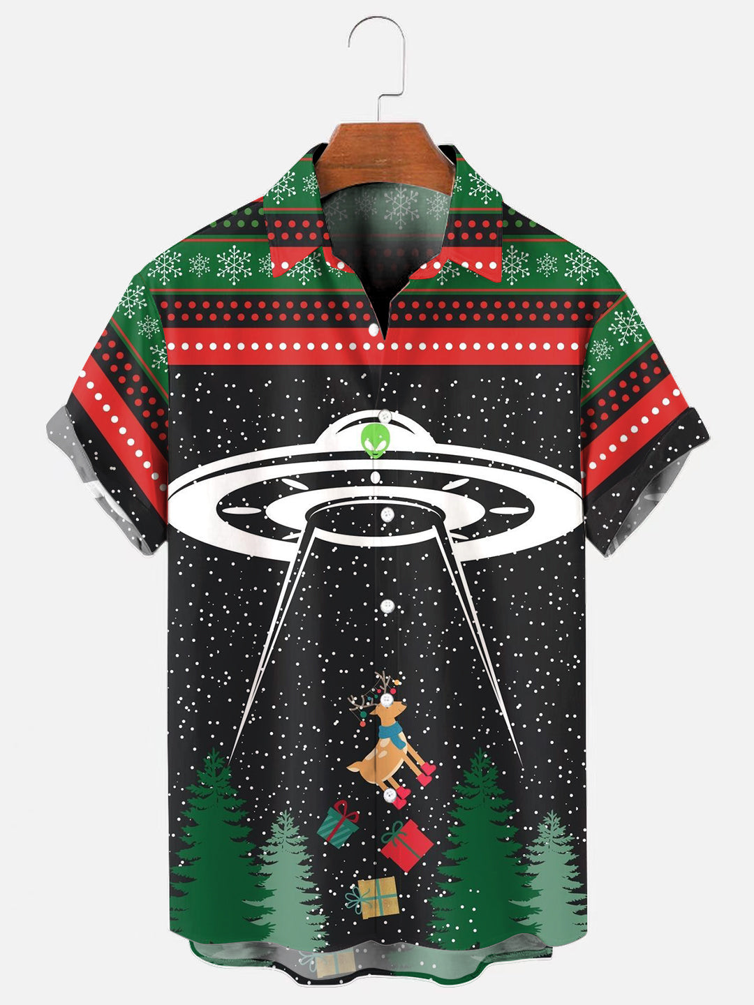 Men's Christmas UFO Reindeer Chest Pocket Ugly Sweater Print Holiday Short Sleeve Shirt