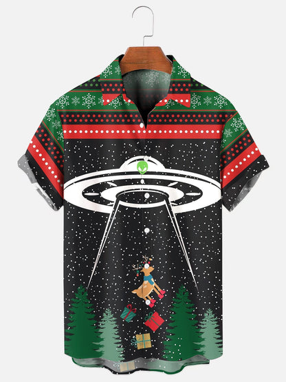 Men's Christmas UFO Reindeer Chest Pocket Ugly Sweater Print Holiday Short Sleeve Shirt