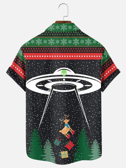 Men's Christmas UFO Reindeer Chest Pocket Ugly Sweater Print Holiday Short Sleeve Shirt