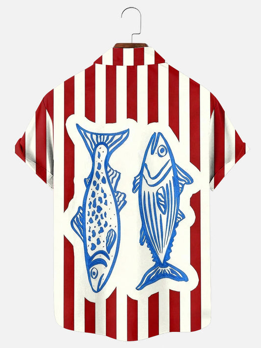 Men's Vintage Striped Fish Print Hawaiian Short Sleeve Pocket Shirt