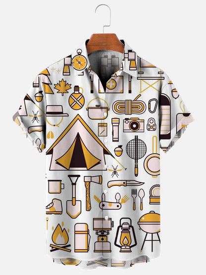 Men's Camping Hiking Tool Printed Hawaiian Short Sleeve Shirt