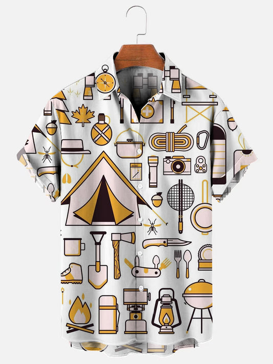 Men's Camping Hiking Tool Printed Hawaiian Short Sleeve Shirt