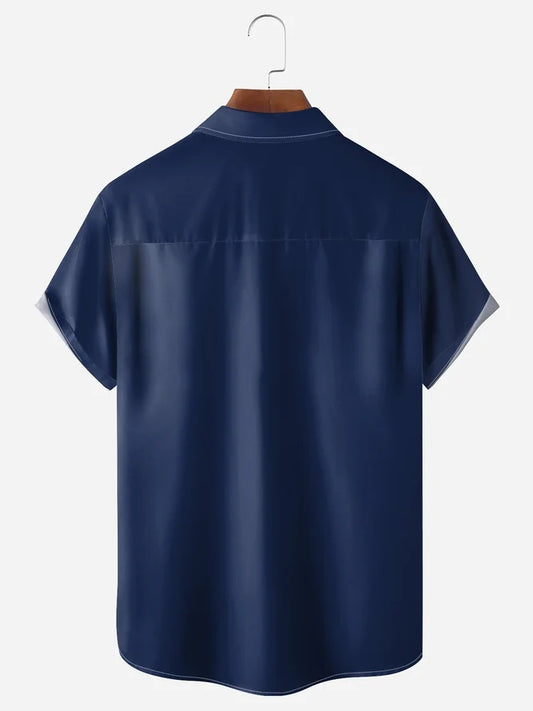 Kung Fu Rooster Print Breast Pocket Short Sleeve Shirt