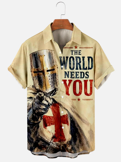 Men's Vintage Templar Knight Graphic Print Casual Short Sleeve Shirt with Pocket