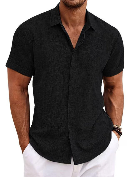 Men's Linen Loose Solid Color Short Sleeve Cotton Linen Shirt