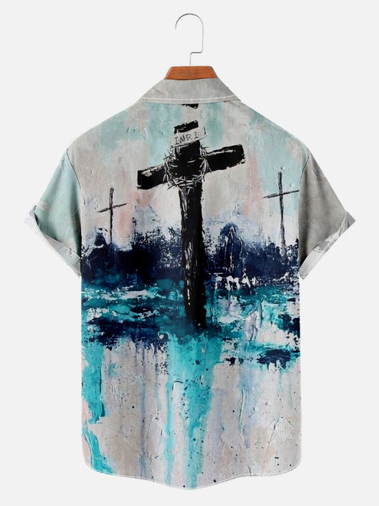 Men's Jesus Cross Print Hawaiian Short Sleeve Shirt