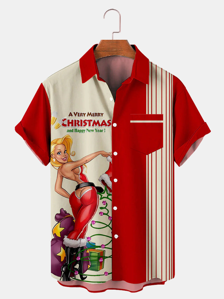 Men's Christmas Christmas Girl Striped Print Holiday Short Sleeve Shirt