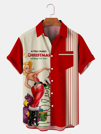 Men's Christmas Christmas Girl Striped Print Holiday Short Sleeve Shirt