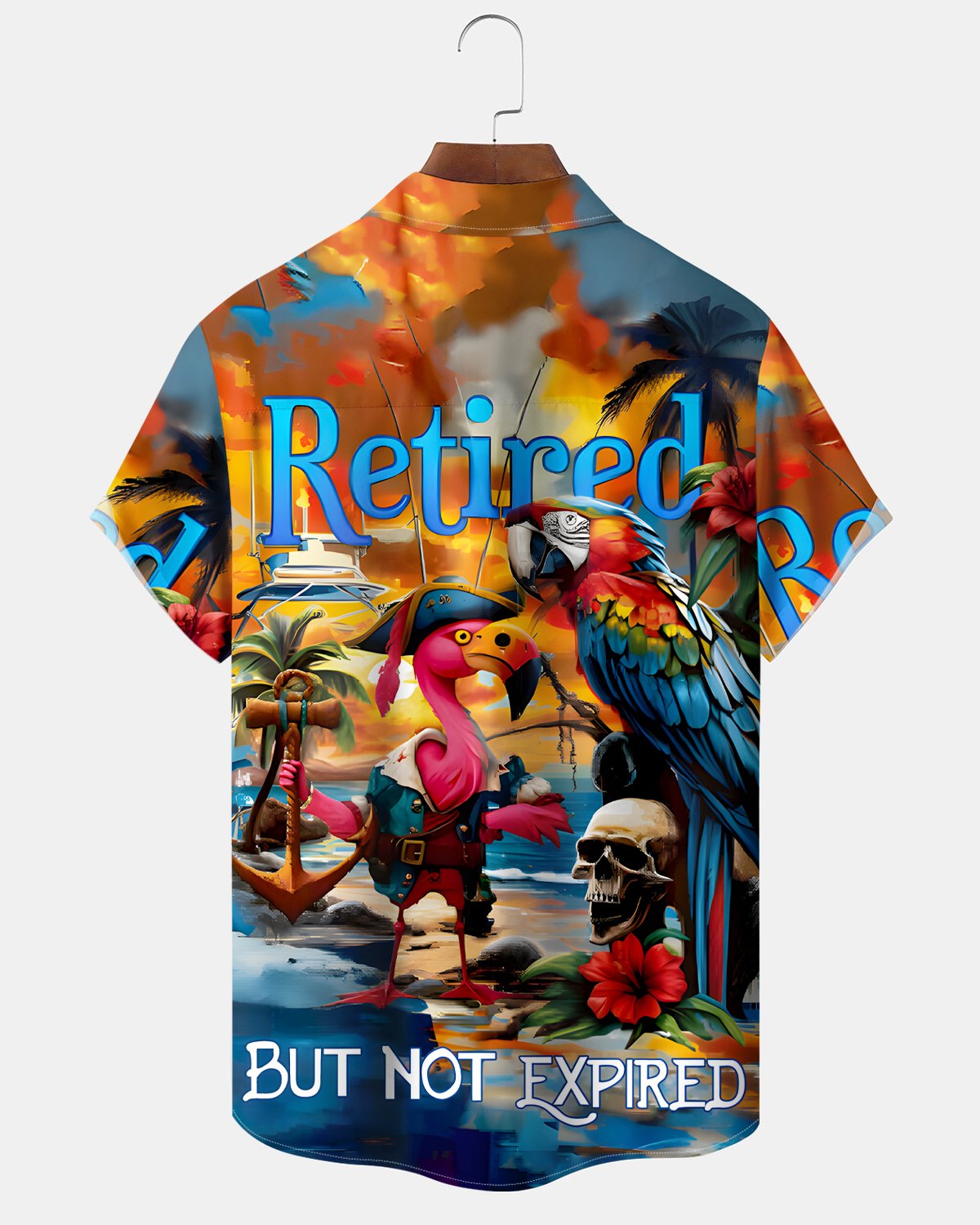 Men's Flamingo Pirate Skull Print Hawaiian Short Sleeve Shirt with Pocket