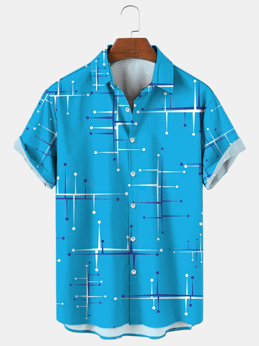 Vintage Mid Century Modern Geometric Blue Men's Casual Short Sleeve Sh ...
