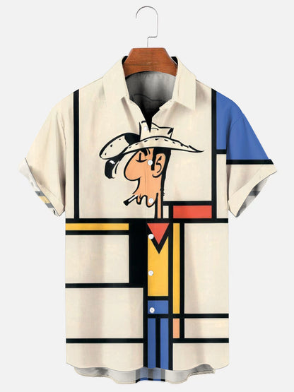 Men's Vintage Denim Art Print Hawaiian Short Sleeve Shirt