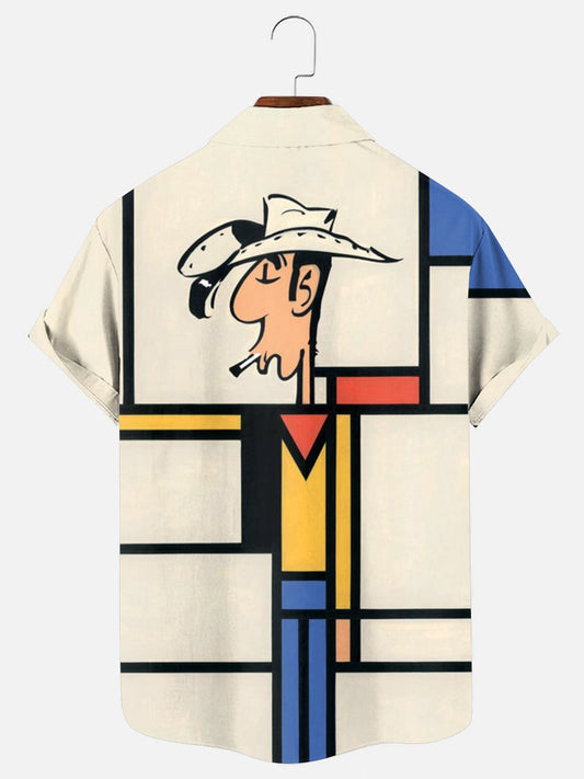 Men's Vintage Denim Art Print Hawaiian Short Sleeve Shirt