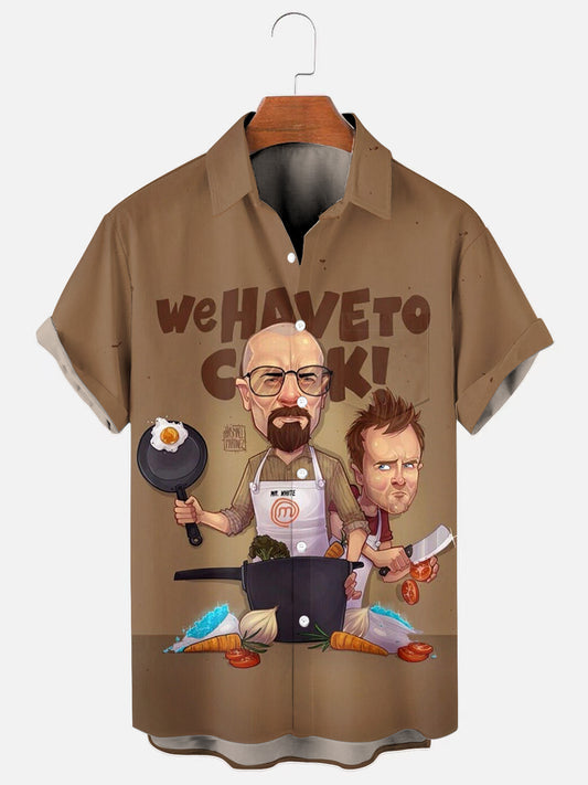 Men's Movie Character Print Hawaiian Chest Pocket Short Sleeve Shirt