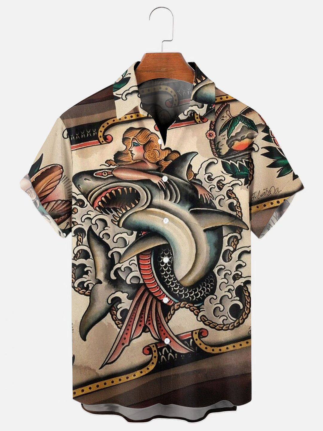 Men's Vintage Mermaid Shark Tattoo Print Hawaiian Short Sleeve Pocket Shirt