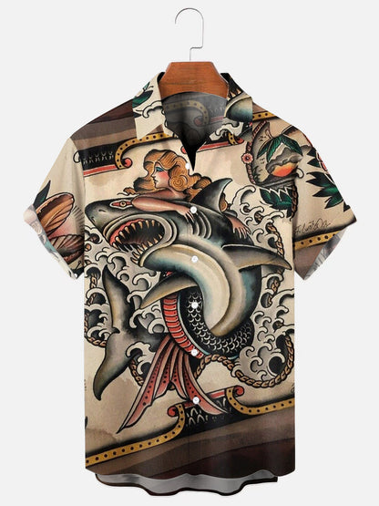 Men's Vintage Mermaid Shark Tattoo Print Hawaiian Short Sleeve Pocket Shirt
