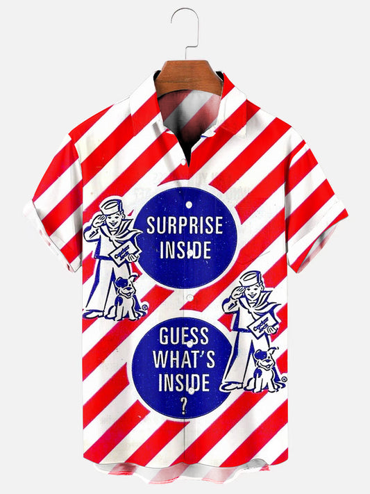 Men's Vintage Popcorn Sticker Print Hawaiian Short Sleeve Pocket Shirt