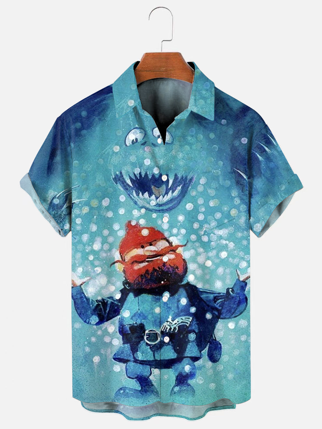 Men's Christmas Rudolph Cartoon Print Hawaiian Pocket Short Sleeve Shirt