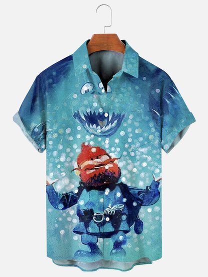 Men's Christmas Rudolph Cartoon Print Hawaiian Pocket Short Sleeve Shirt