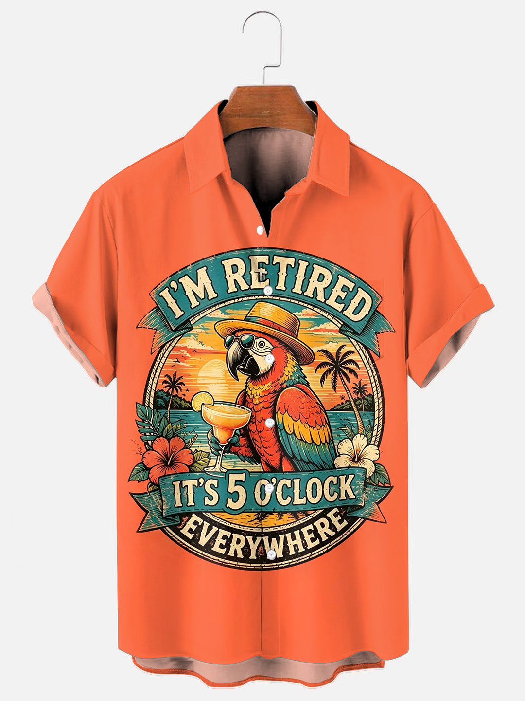 Men's I'm Retired It's 5 O'clock Everywhere Parrot Print Hawaiian Short Sleeve Pocket Shirt