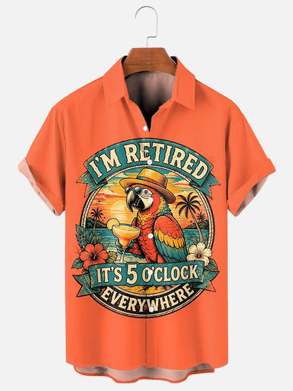 Men's I'm Retired It's 5 O'clock Everywhere Parrot Print Hawaiian Short Sleeve Pocket Shirt
