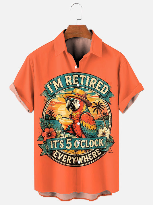 Men's I'm Retired It's 5 O'clock Everywhere Parrot Print Hawaiian Short Sleeve Pocket Shirt