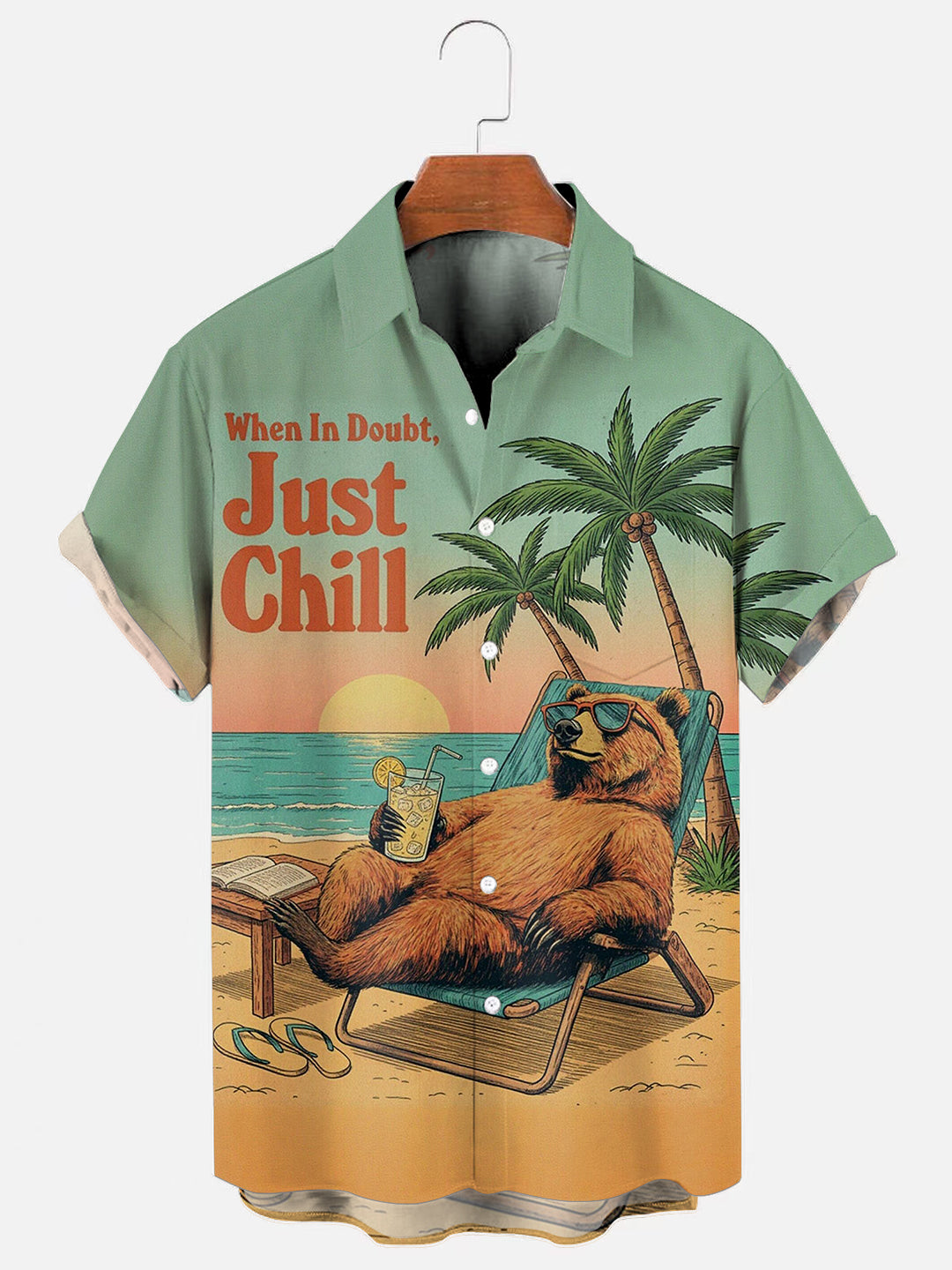 Men's Vintage Beach Bear Cocktail Print Hawaiian Short Sleeve Pocket Shirt