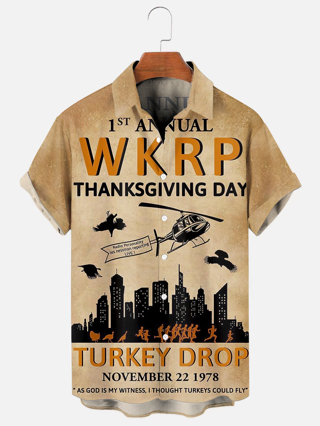 Men's 70s Vintage WKRP Turkey Drop Poster Print Holiday Casual Short Sleeve Shirt