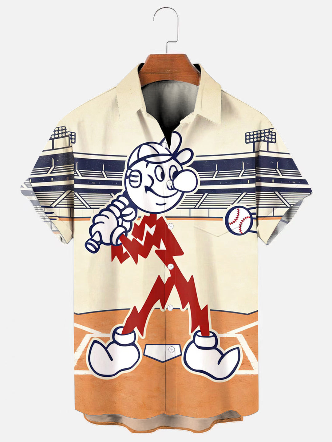 Men's Vintage Reddy Kilowatt Baseball Print Hawaiian Short Sleeve Chest Pocket Shirt