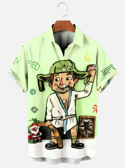 Men's Crazy Christmas Holiday Cousin Eddie Print Holiday Pocket Short Sleeve Shirt