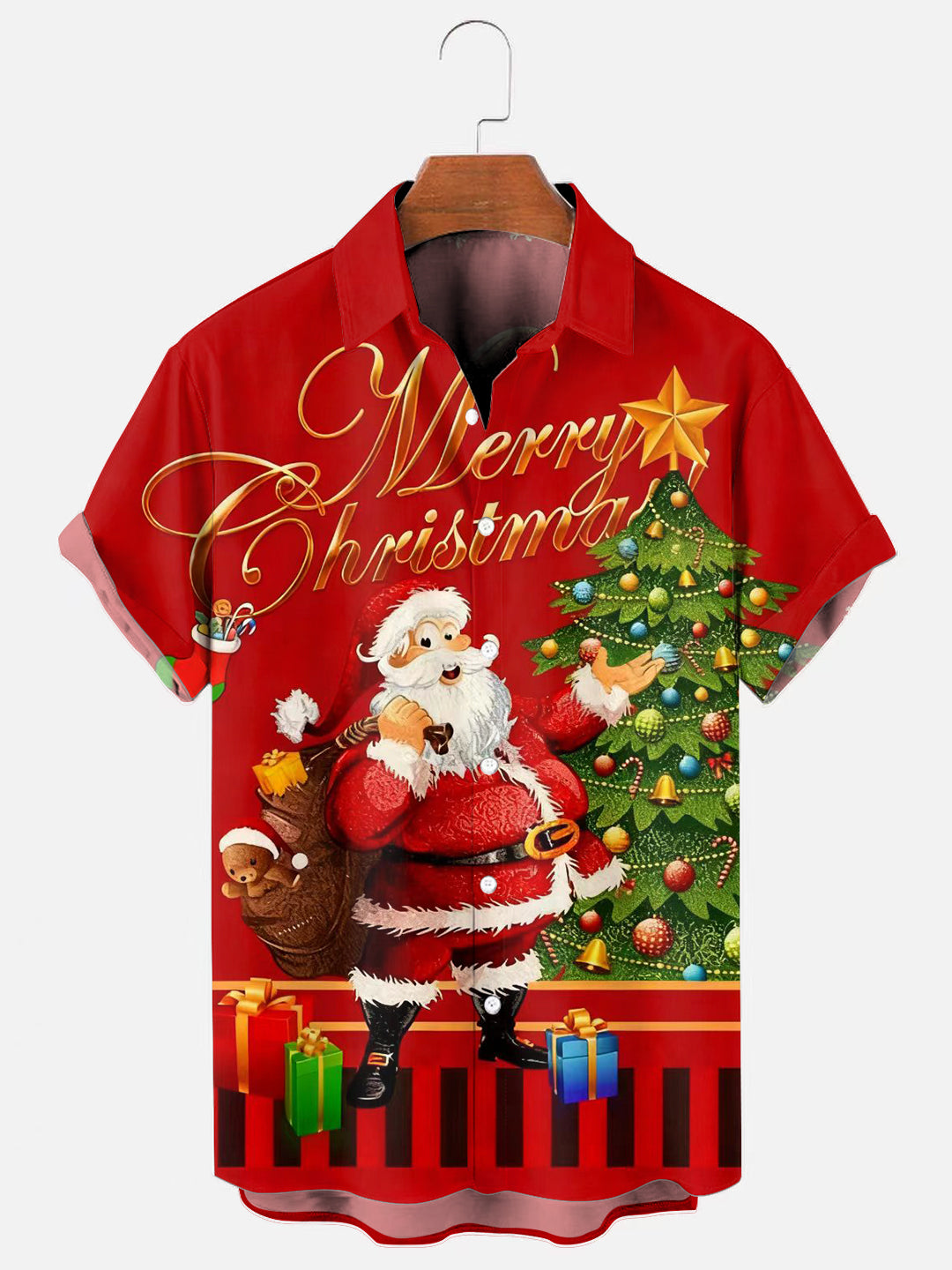 Men's Cute Santa Claus Print Hawaiian Short Sleeve Shirt