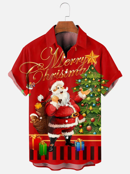 Men's Cute Santa Claus Print Hawaiian Short Sleeve Shirt