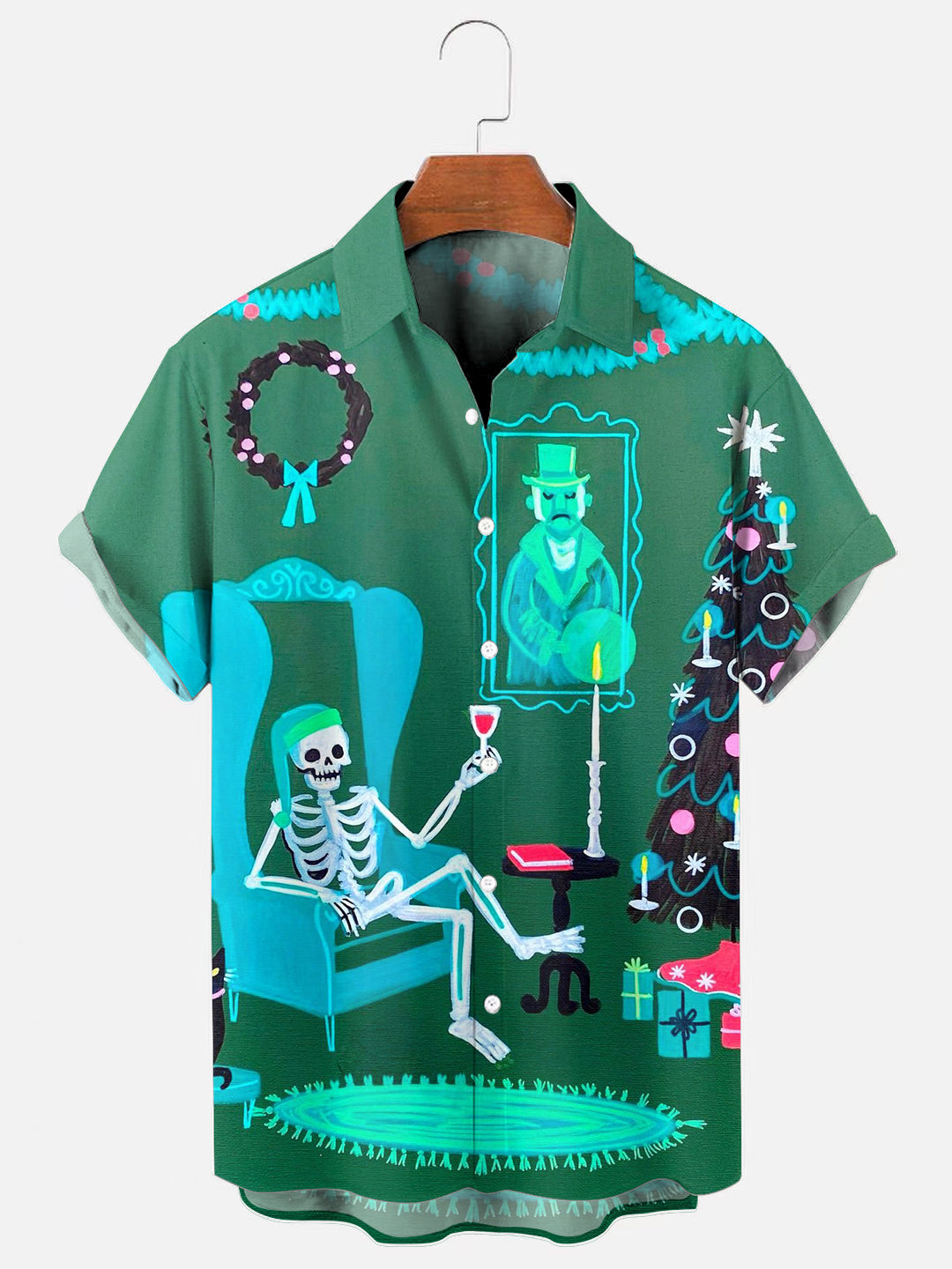 Skull Christmas Tree Print Hawaiian Short Sleeve Shirt