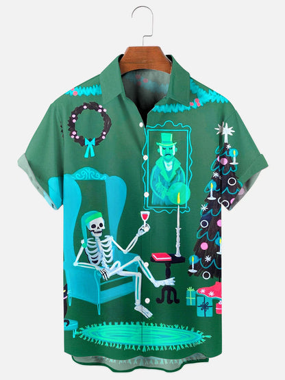 Skull Christmas Tree Print Hawaiian Short Sleeve Shirt
