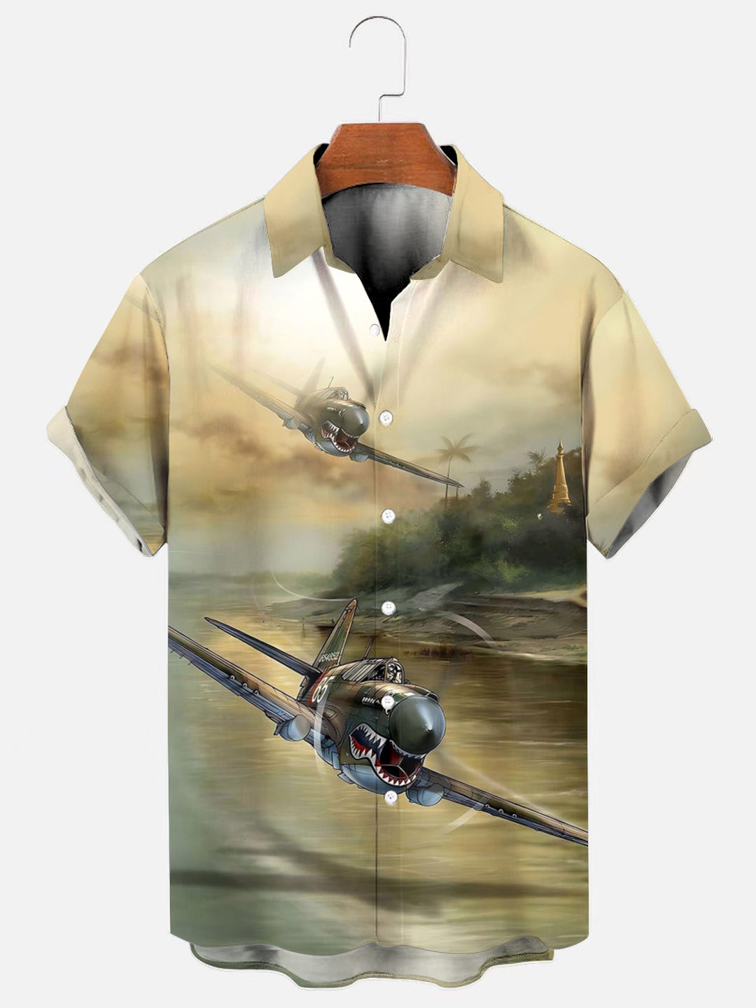 Men's Retro WWII Warhawk Airplane Print Hawaiian Short Sleeve Shirt