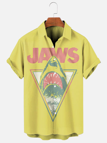 Men's Vintage Jaws Triangle Print Casual Short Sleeve Pocket Shirt