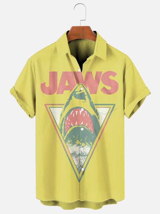 Men's Vintage Jaws Triangle Print Casual Short Sleeve Pocket Shirt