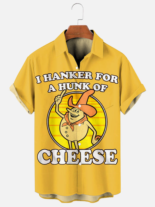 Men's 70s Vintage Cartoon Cheese Fun Print Casual Short Sleeve Pocket Shirt