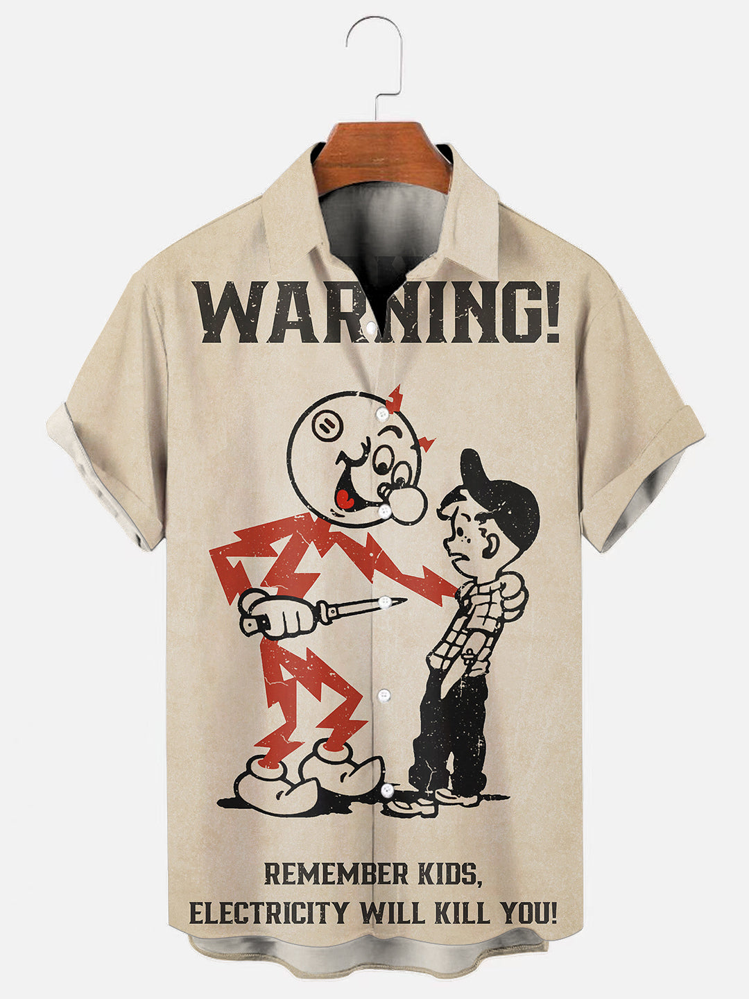 Men's 70's Vintage Electricity Warning Logo Print Hawaiian Breathable Short Sleeve Shirt