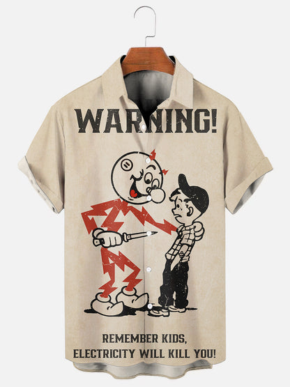 Men's 70's Vintage Electricity Warning Logo Print Hawaiian Breathable Short Sleeve Shirt
