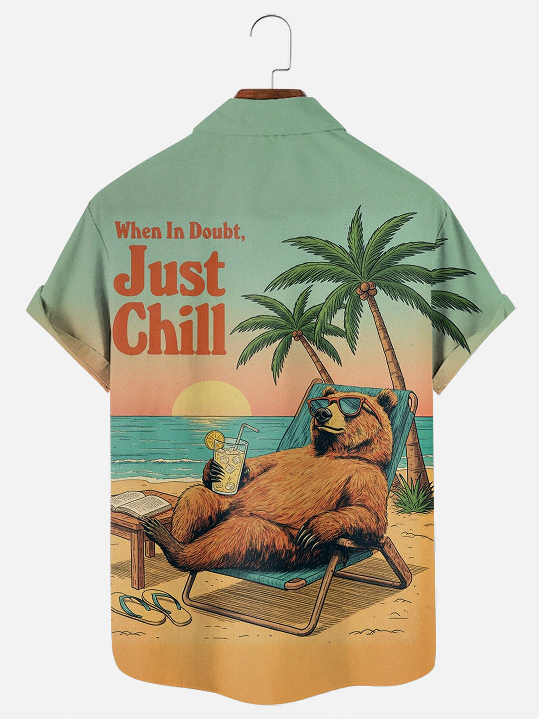 Men's Vintage Beach Bear Cocktail Print Hawaiian Short Sleeve Pocket Shirt