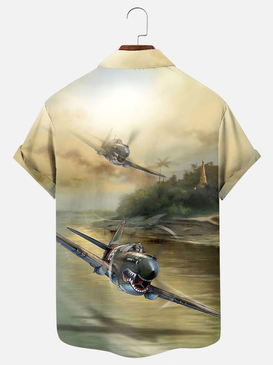 Men's Retro WWII Warhawk Airplane Print Hawaiian Short Sleeve Shirt