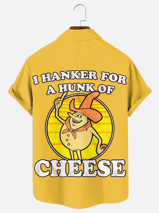 Men's 70s Vintage Cartoon Cheese Fun Print Casual Short Sleeve Pocket Shirt