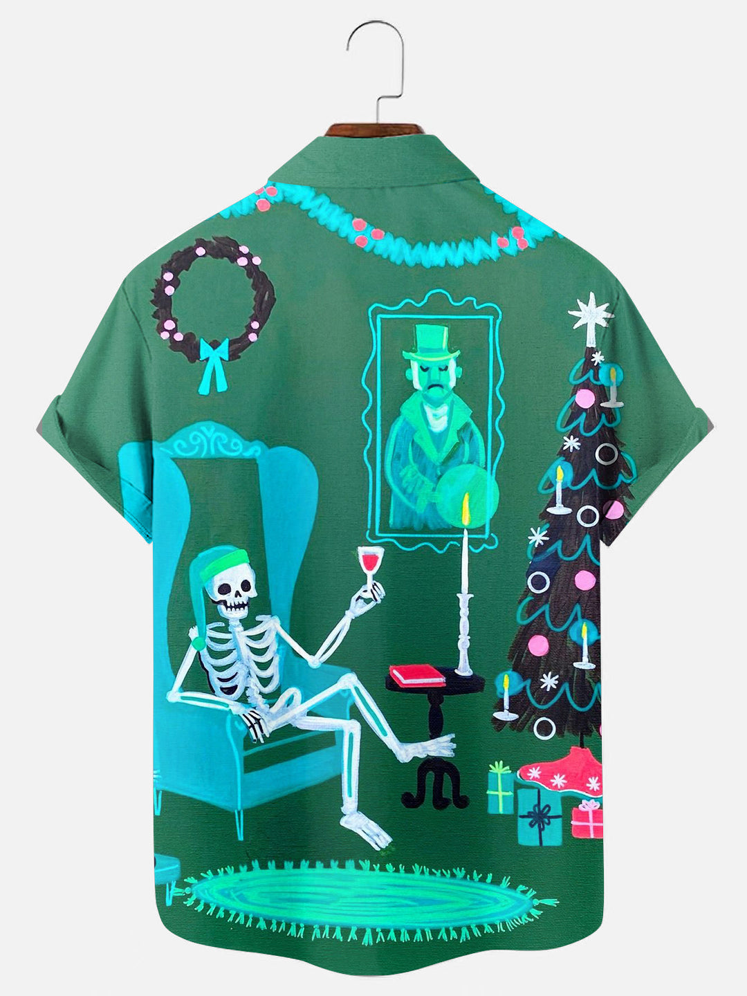 Skull Christmas Tree Print Hawaiian Short Sleeve Shirt