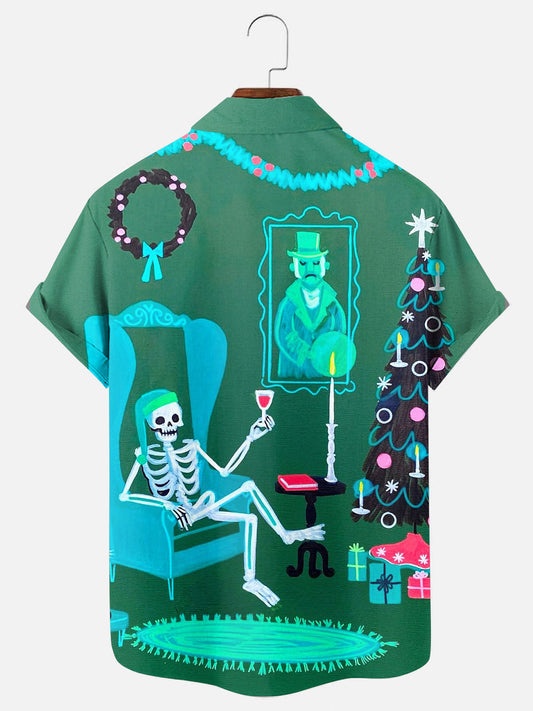 Skull Christmas Tree Print Hawaiian Short Sleeve Shirt